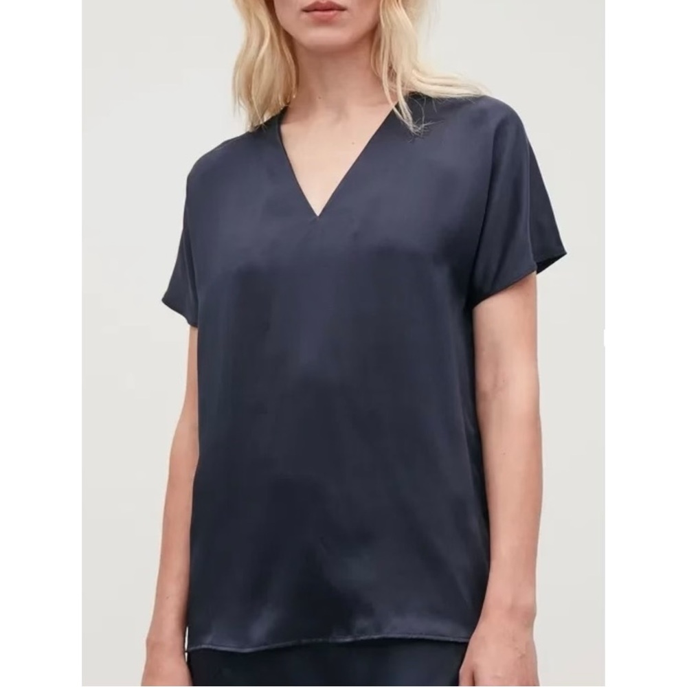NWT COS Boxy Slip Top - Midnight Blue Short Sleeve Loose Fit Silk V-Neck Top
